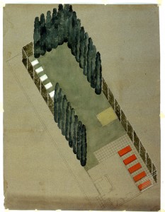 Jean Canneel-Claes, jardin de sa propre habitation, Auderghem, 1931. AxonomÃ©trie, encre et gouache. (Collection Archives dâ€™Architecture Moderne, Bruxelle